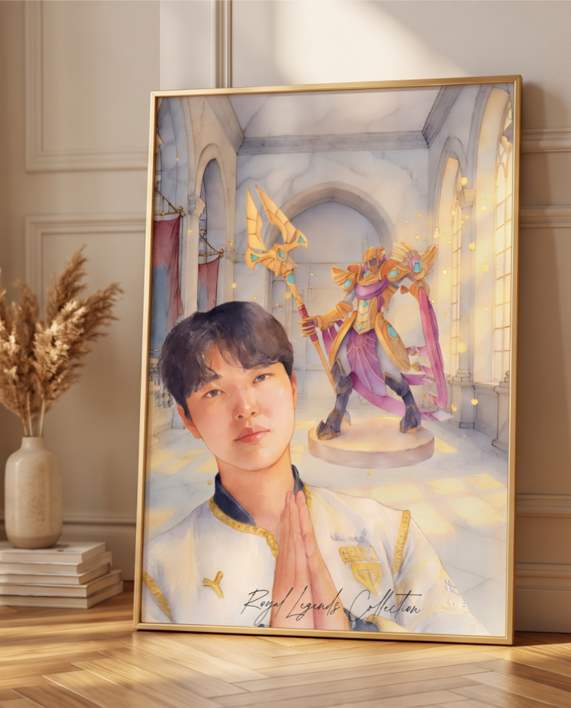 Close-up of Chovy Royal Legends watercolor wall art print, gold palace background — LoL esports digital download