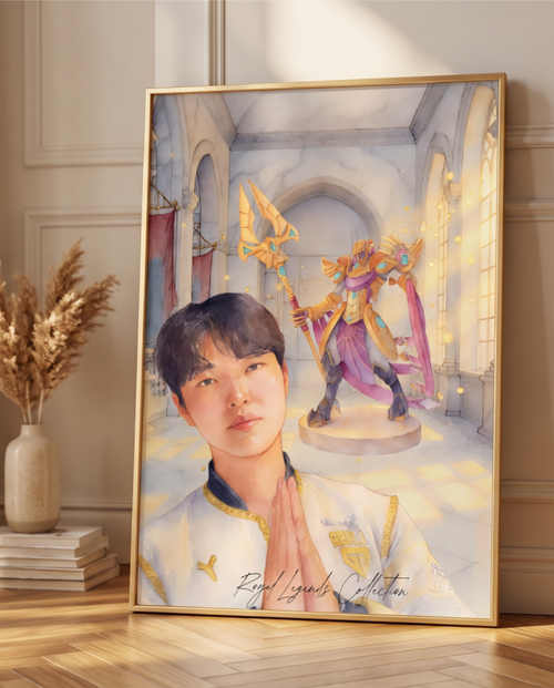 Close-up of Chovy Royal Legends watercolor wall art print, gold palace background — LoL esports digital download