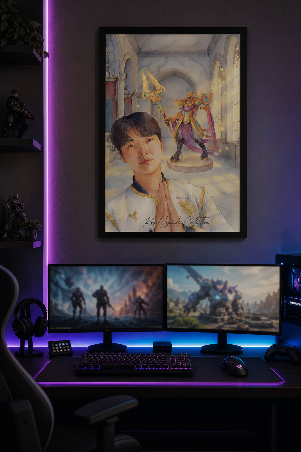 Close-up of Chovy Royal Legends watercolor wall art print, gold palace background — LoL esports digital download
