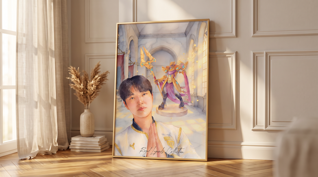 Close-up of Chovy Royal Legends watercolor wall art print, gold palace background — LoL esports digital download