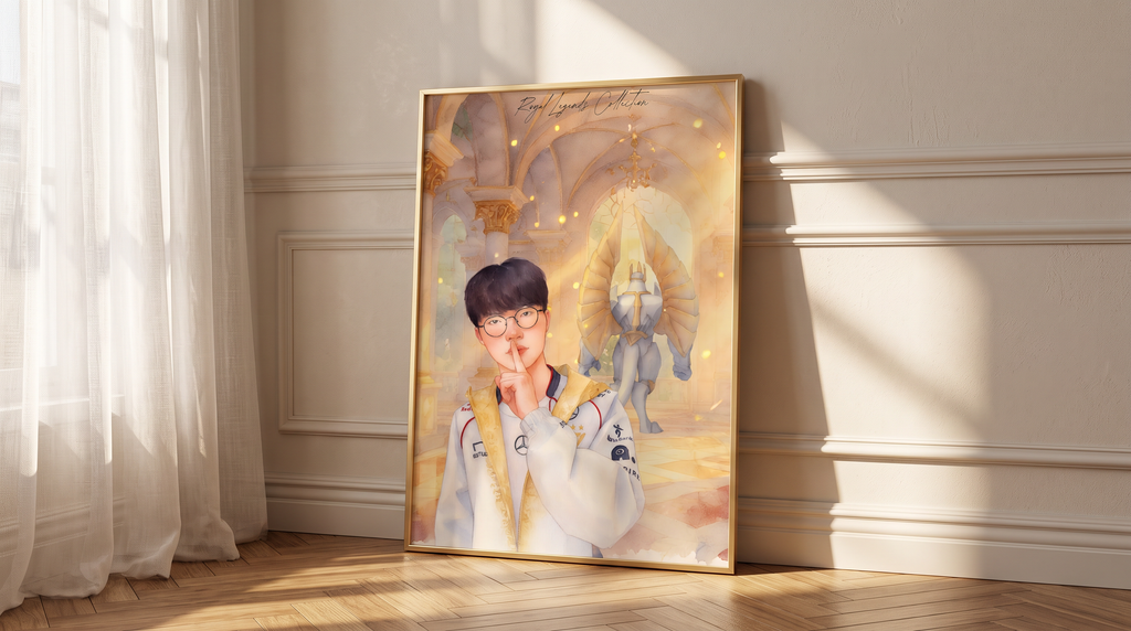 Faker T1 Royal Legends wall art framed print hanging in living room