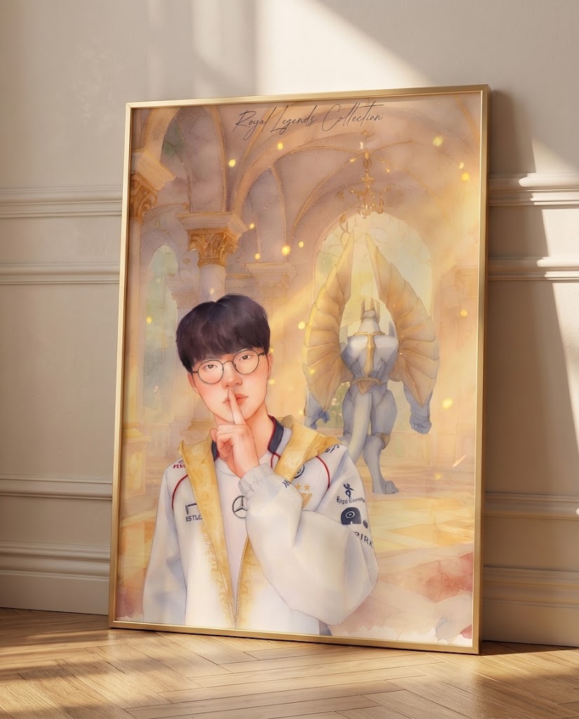 Faker T1 Royal Legends wall art framed print hanging in living room — LoL esports poster