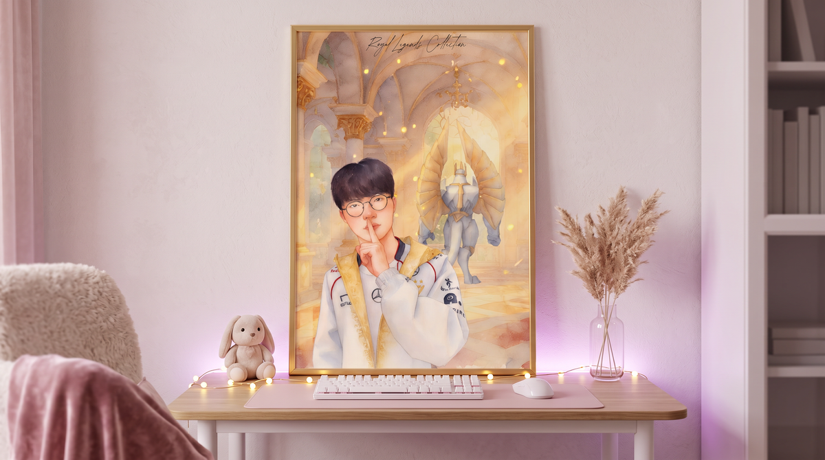Faker T1 Royal Legends wall art framed print hanging in girl living room — LoL esports poster