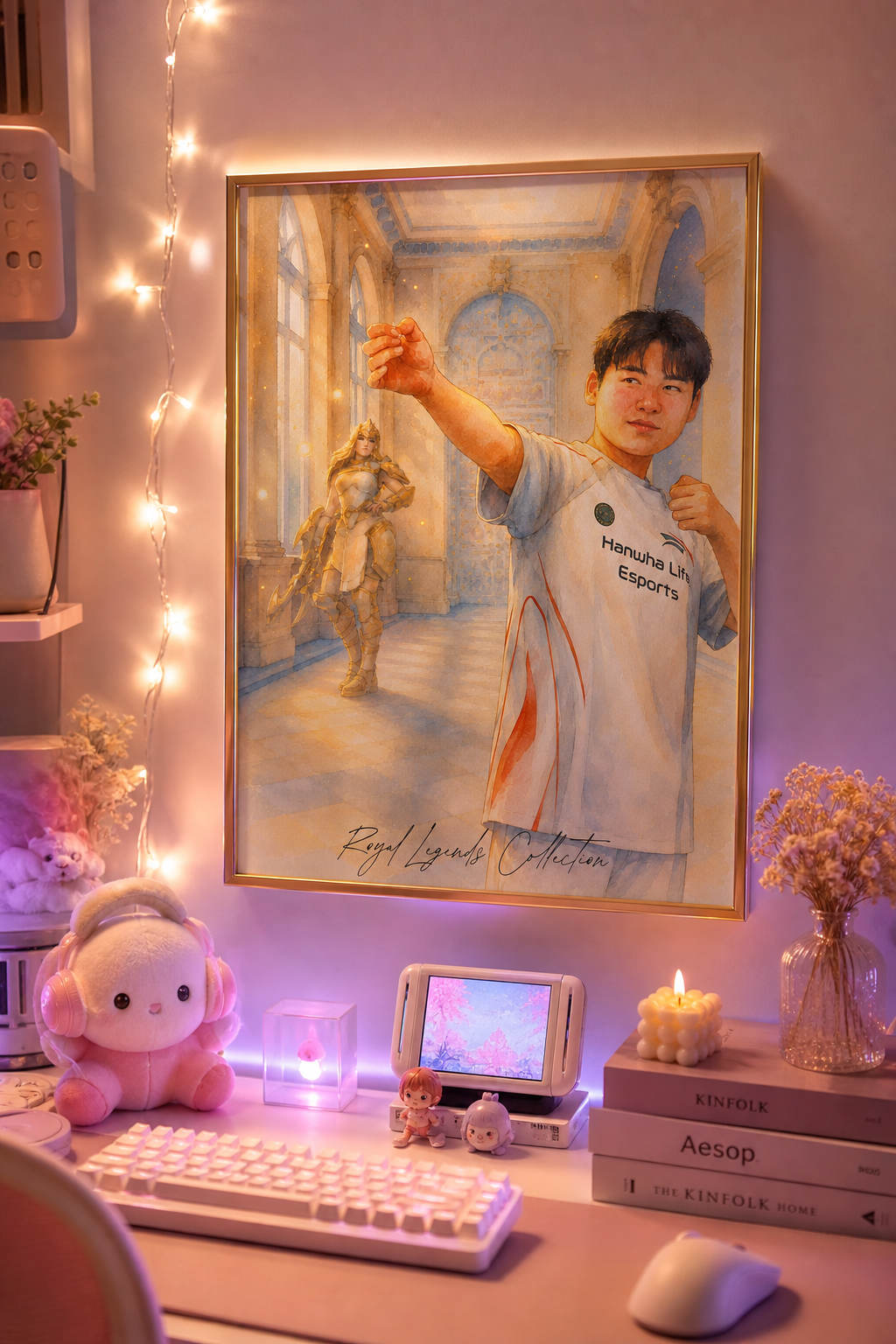 Gumayusi HLE Royal Legends wall art framed print hanging in a female cozy asthetic girl setup — LoL esports poster