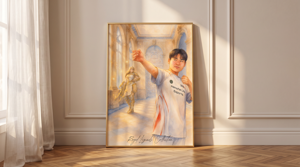 HLE Gumayusi Royal Legends wall art framed print hanging in living room — LoL esports poster