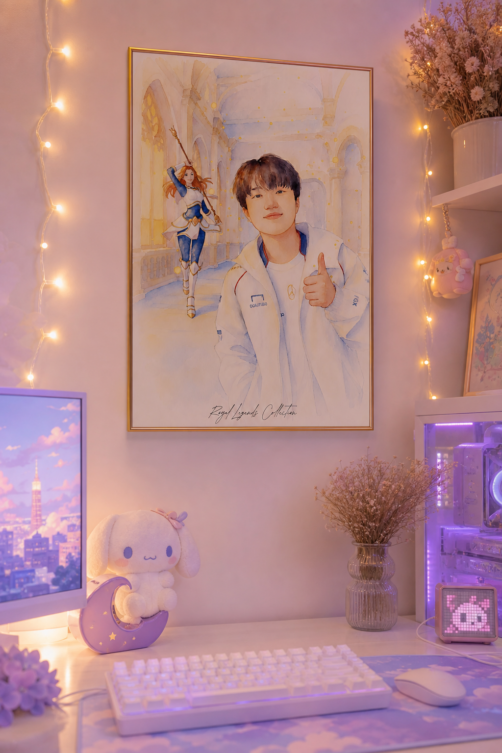 Keria T1 Royal Legends wall art framed on desk in female gaming room setup — LoL esports print