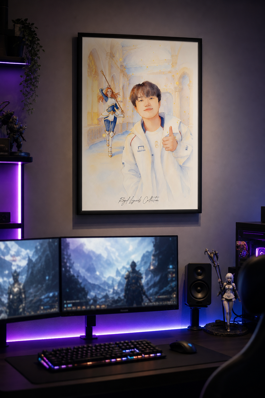 Keria T1 Royal Legends wall art framed on desk in gaming room setup — LoL esports print