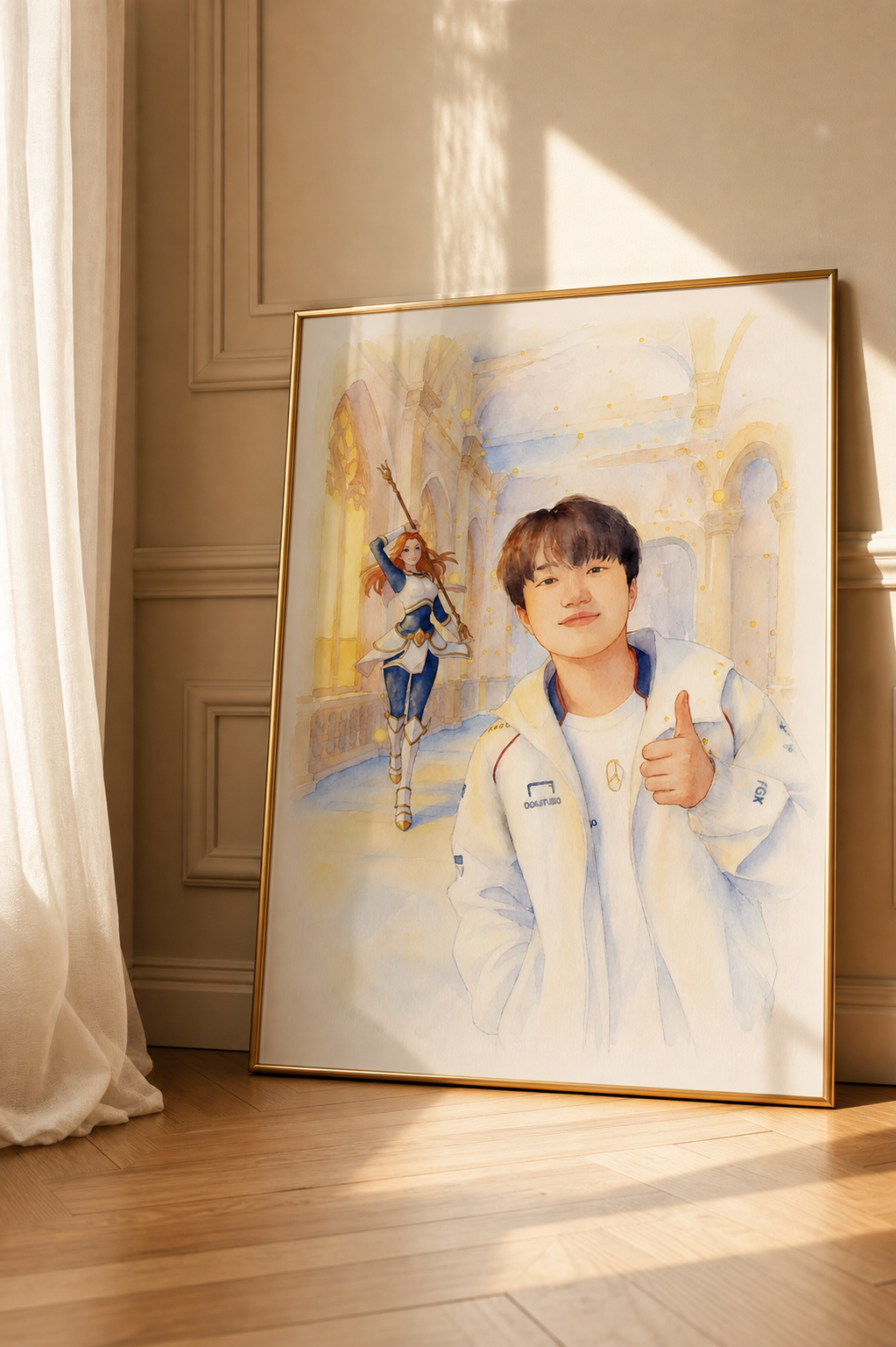 Keria T1 Royal Legends wall art framed on desk in gaming room setup — LoL esports print