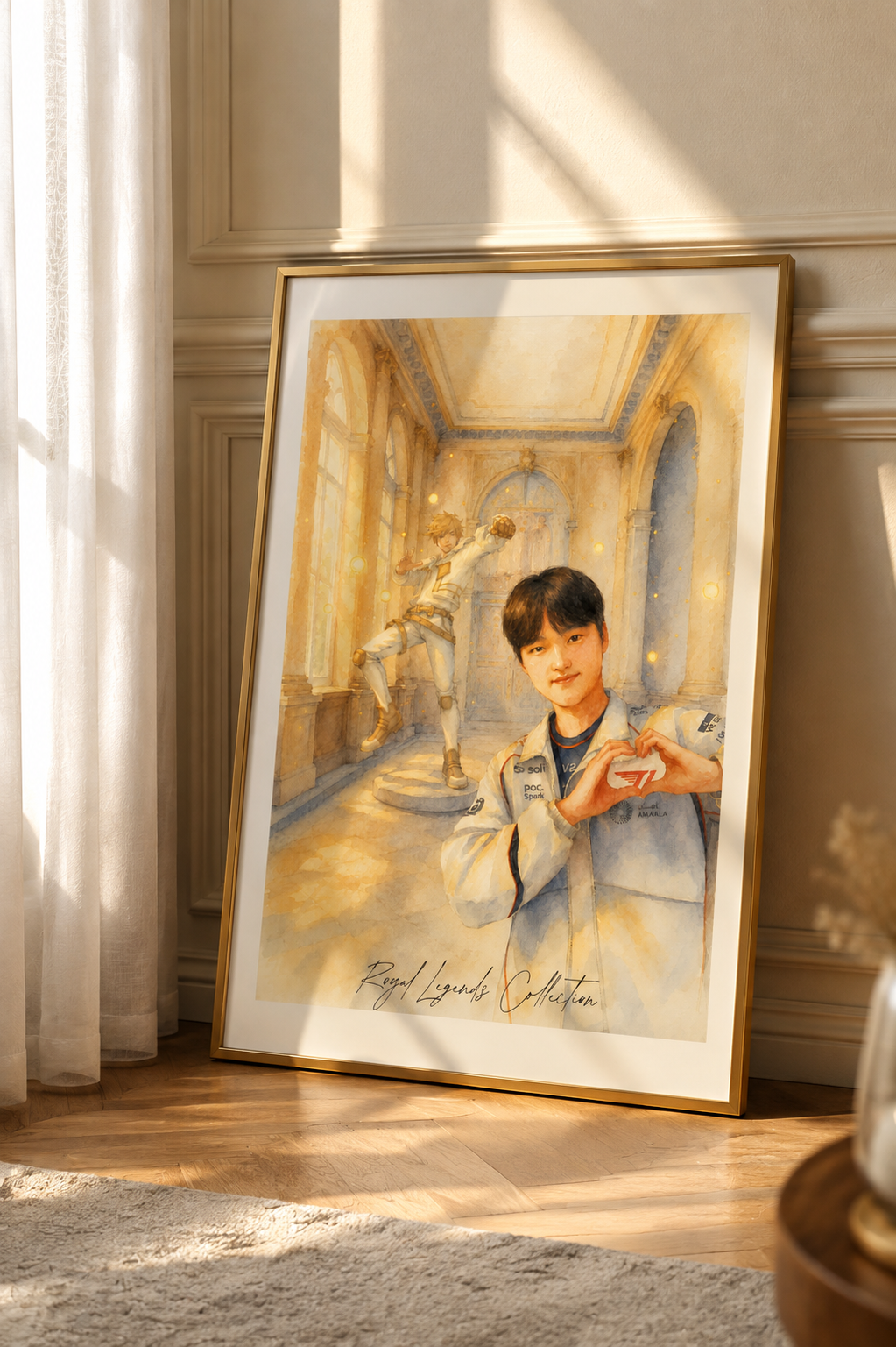 T1 Peyz Royal Legends wall art framed print hanging in living room — LoL esports poster