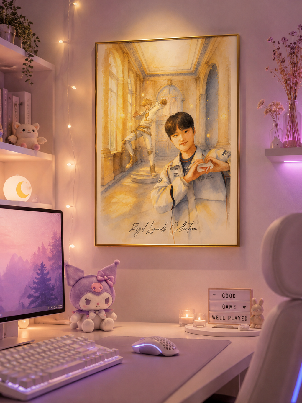 T1 Peyz Royal Legends wall art framed print hanging in a female cozy asthetic girl setup — LoL esports poster